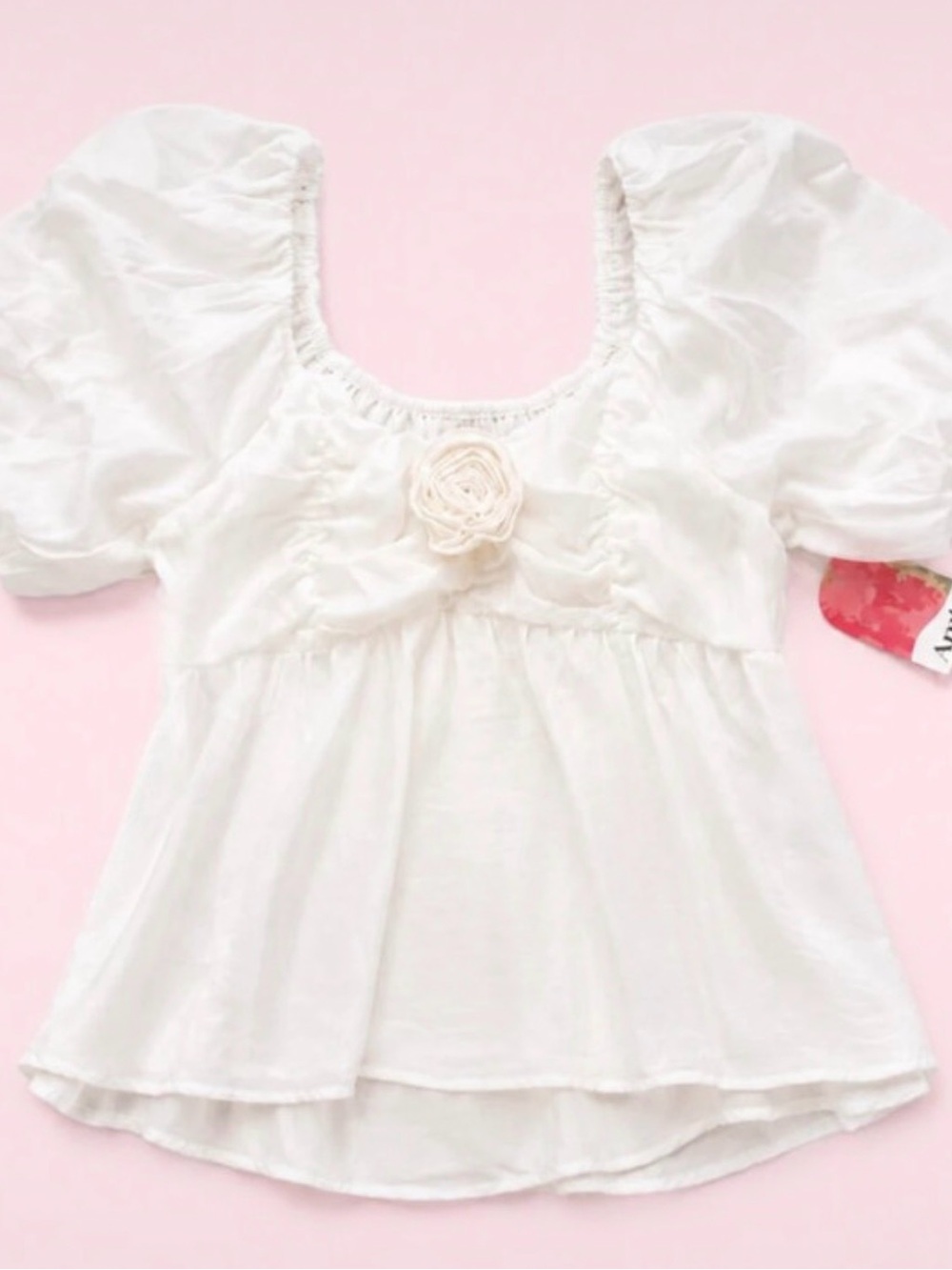 ARULA White Puff Sleeve Peplum Top with Rosette